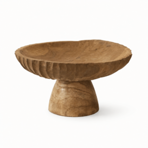Wabi-Sabi wooden pedestal fruit bowl styled as a natural decorative accent for a kitchen counter or dining table.